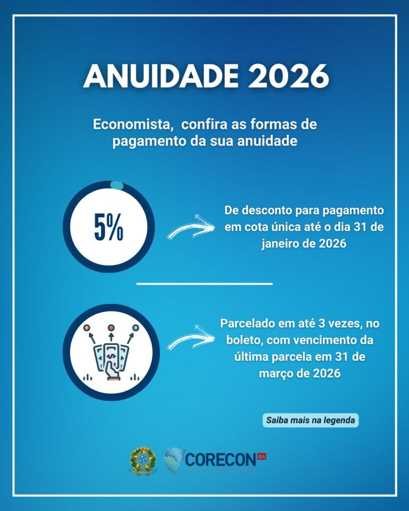 Corecon-BA informa sobre a anuidade, registros e emolumentos – exercício 2026